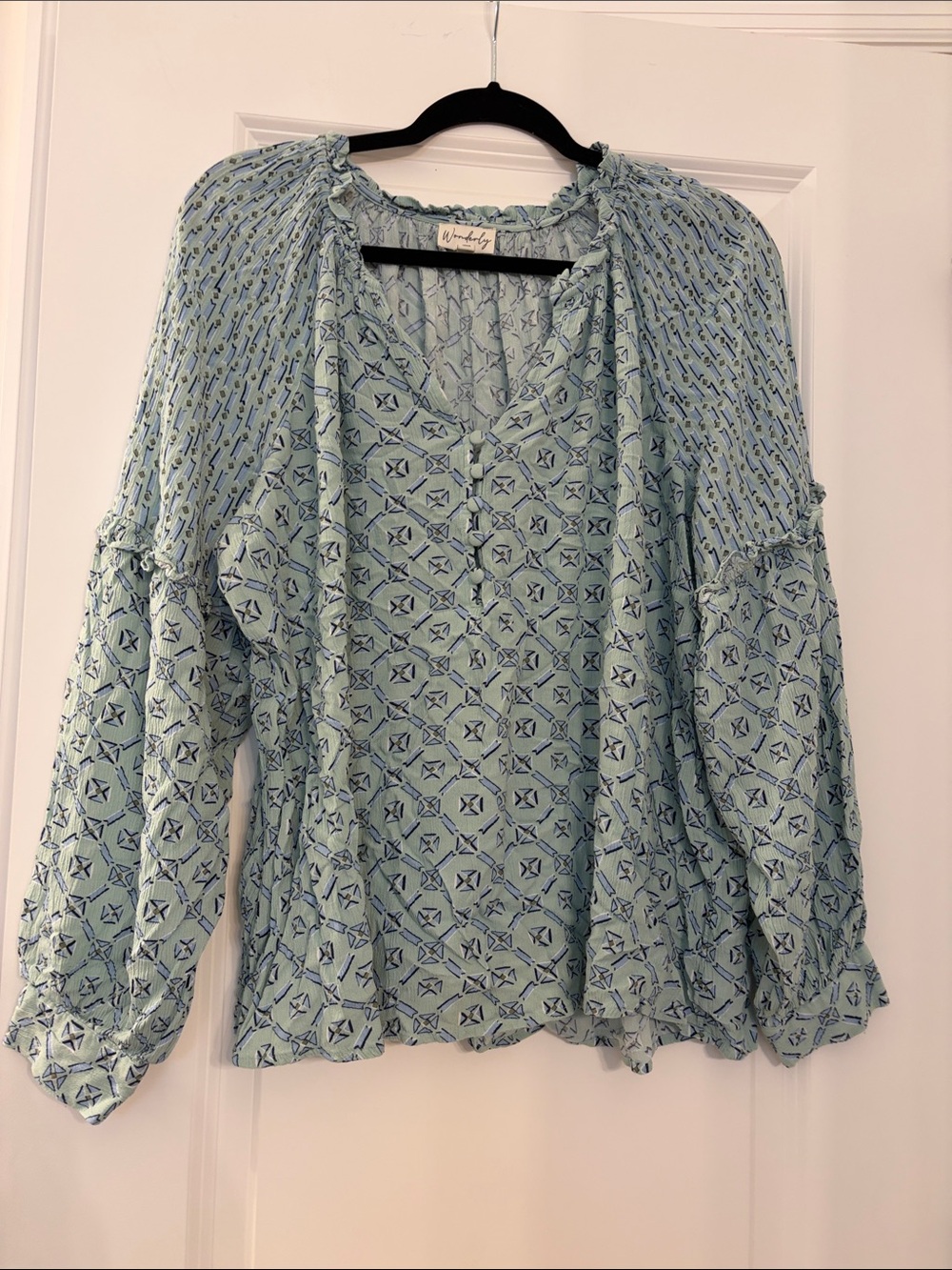 Wonderly Light Blue Printed Boho Peasant Blouse
